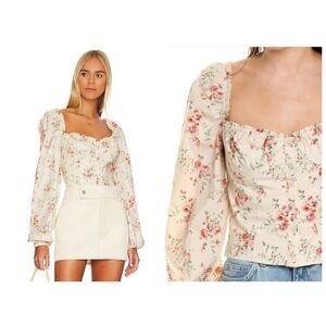 WeWoreWhat Ruched Cup Puff Sleeve Button Up Top in "Almond Milk" Floral Size M